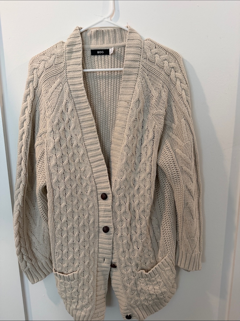 BDG Neutral Cable Knit Cardigan with Shawl Collar